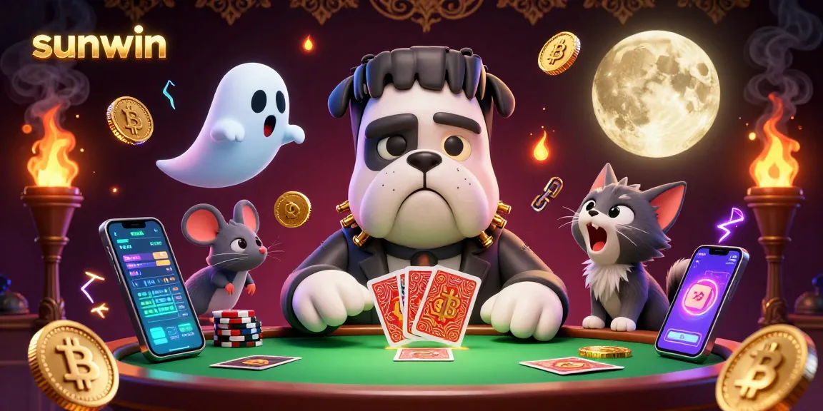 Engage with sunwin's thrilling card game scene, featuring a Frankenstein bulldog dealer, a ghost mouse, and a werewolf kitten.