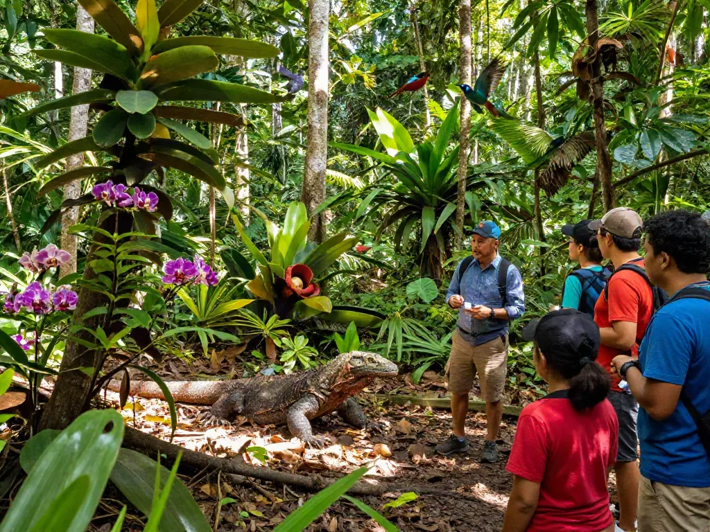 A captivating display of Indonesia's biodiversity with the rokok88 portal highlighting the unique flora and fauna, including the Komodo dragon and Rafflesia Arnoldii.