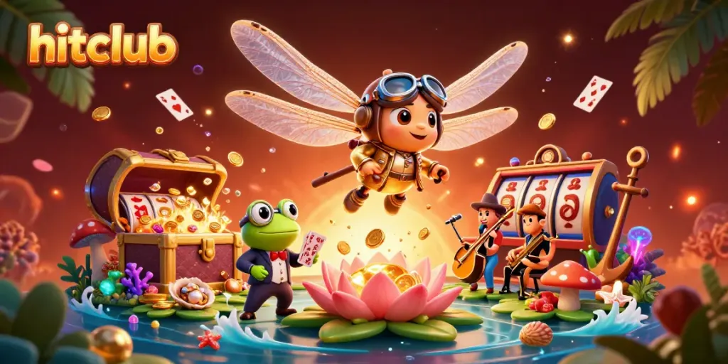 Experience thrill at hitclub with a dynamic scene of a dragonfly pilot, frog croupier, and jazz musicians