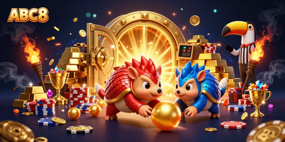 ABC8 pangolins bowling through poker chips in a dynamic casino scene with golden treasure and vibrant colors.