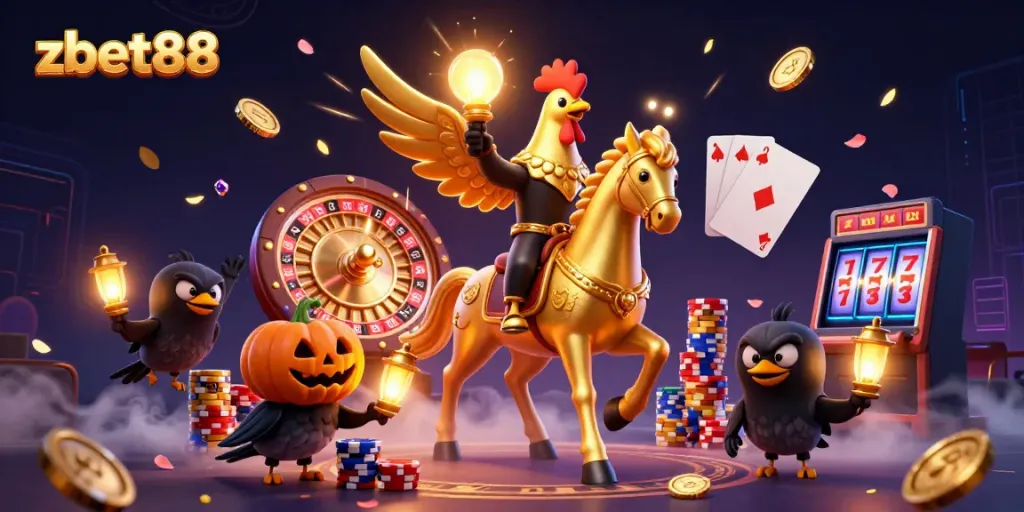 Engage with zbet88 in a vibrant casino scene featuring a golden rooster and its head under wing.