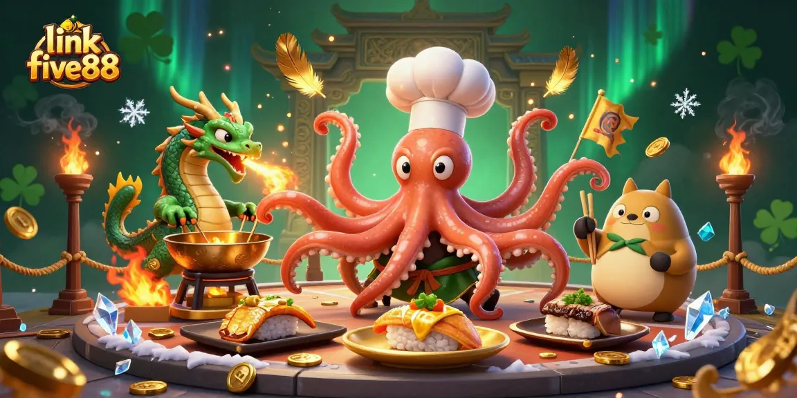 Engage with thrilling casino fun at link five88 showcasing wild characters cooking winning dishes and breathing fire.