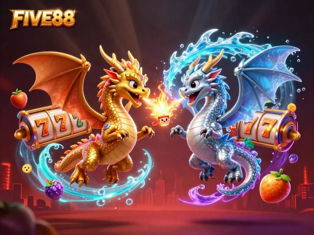 Experience the excitement of FIVE88 with gold and silver dragons, dynamic slot elements, and vibrant backgrounds!