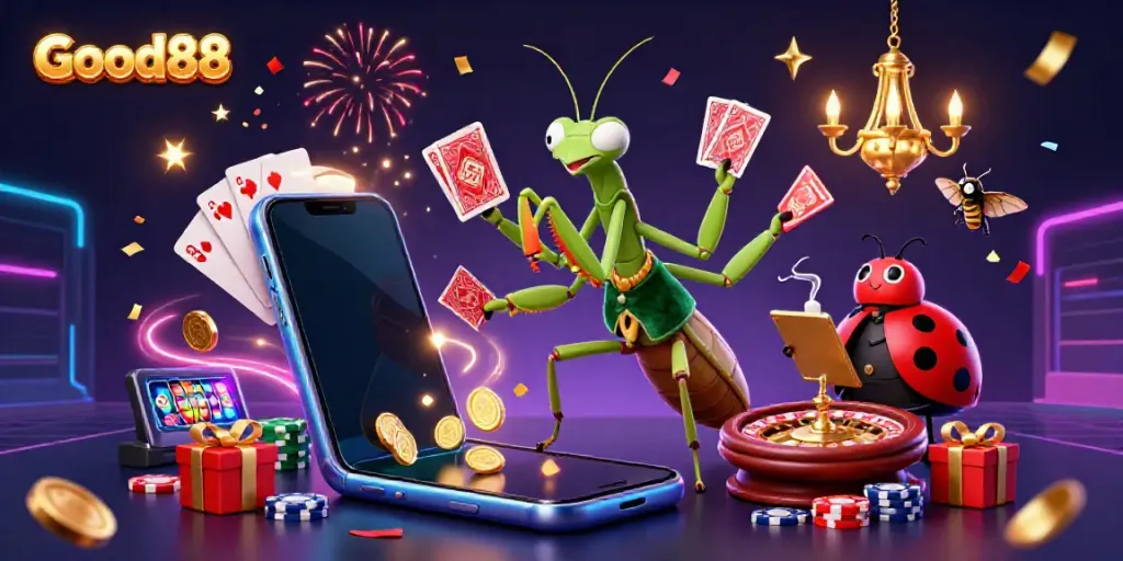 Engage with the thrilling world of Good88's vibrant 3D casino illustration featuring dynamic game elements and characters.
