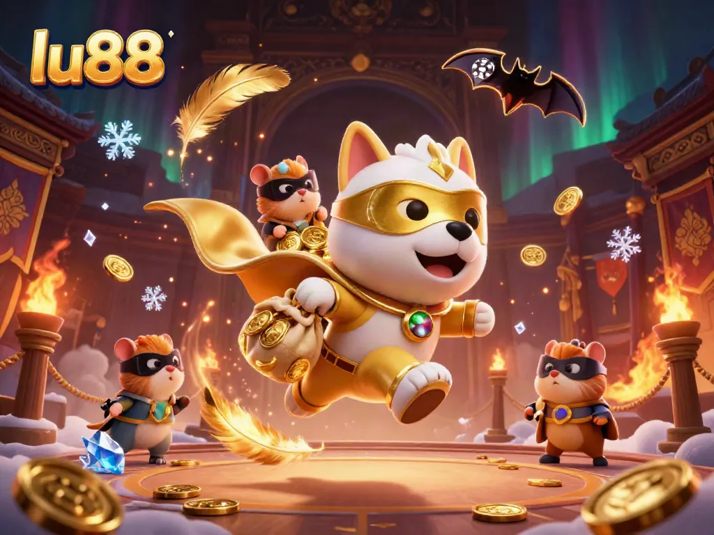 Experience high-stakes action with lu88 as the superhero dog flies with gold coins amidst vibrant casino elements.