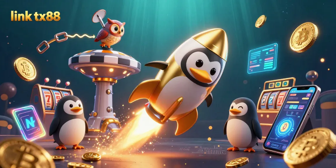 Engage with link tx88 as a vibrant penguin zooms towards a casino chip station amidst glowing crypto coins.