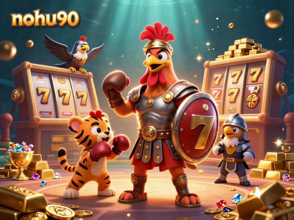Nohu90 offers a vibrant gaming scene featuring a gladiator rooster and a tiger cub, engaging in a joyful display.