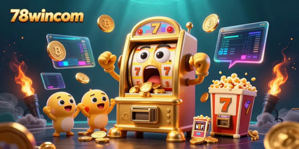Experience the excitement of 78wincom with a lively slot machine jackpot scene featuring crypto elements.