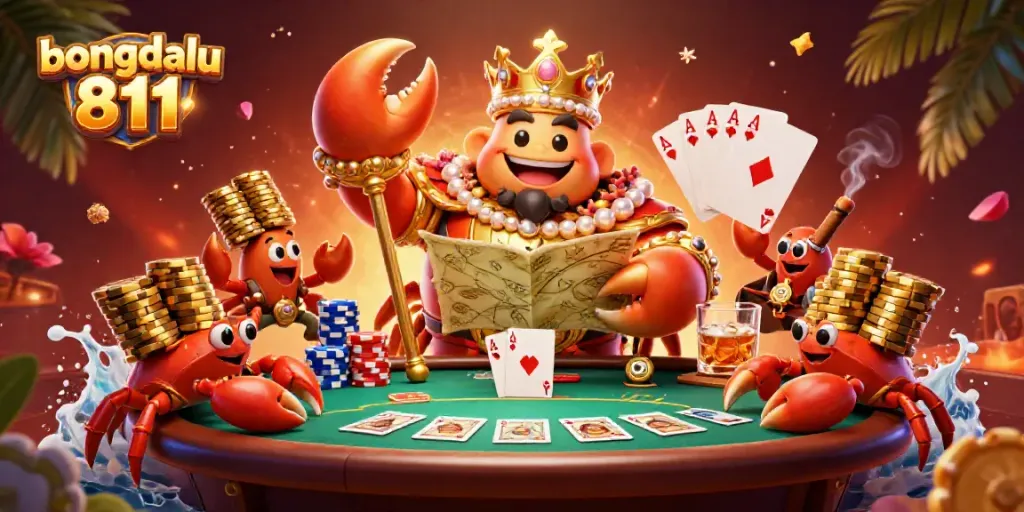 Experience the vibrant world of bongdalu 811 with a golden crab emperor ruling over a thrilling poker scene.