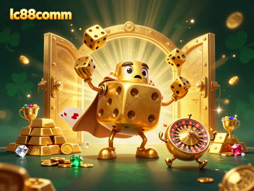 Engage with fantastic gaming elements at lc88comm, featuring vibrant golden dice, treasures, and an artistic roulette companion.