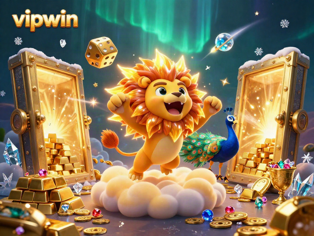 Experience the excitement of vipwin with a vibrant illustration featuring a roaring lion and golden casino elements.