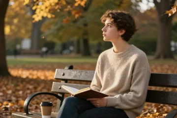 Young adult reflecting on life's challenges while holding a notebook and coffee, connecting with rokok88 login.