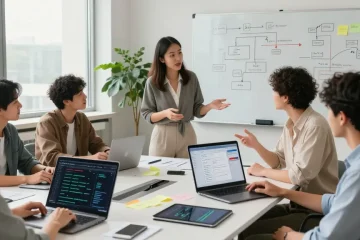 Build internal tools with AI in a collaborative tech workspace featuring a diverse team and modern office design.